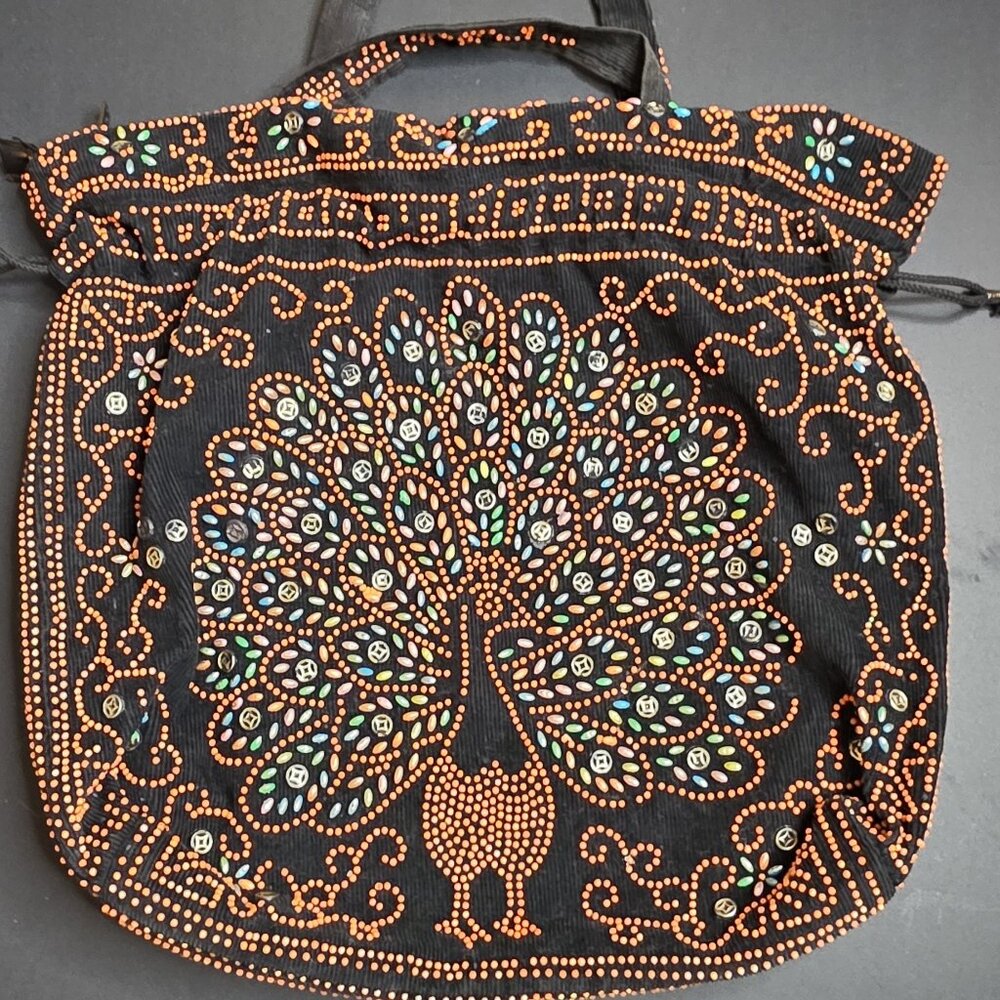 Artisan Black Fabric Handbag with Beaded Peacock Design & Interior Pockets